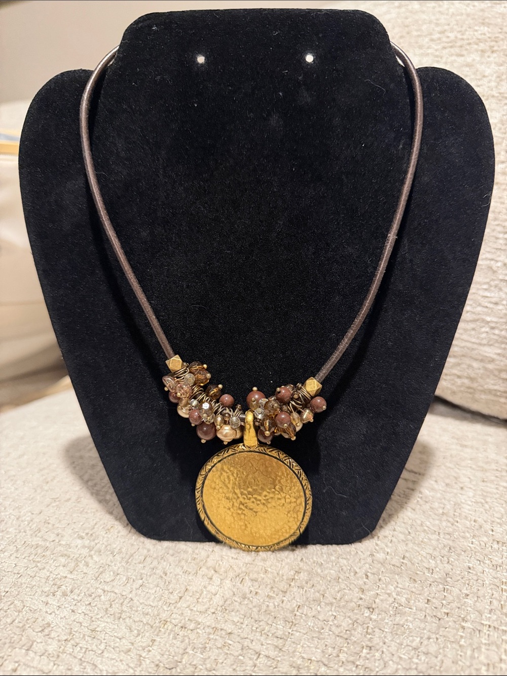 Premier Designs Gold Round Pendant Necklace with Brown Bead Cluster